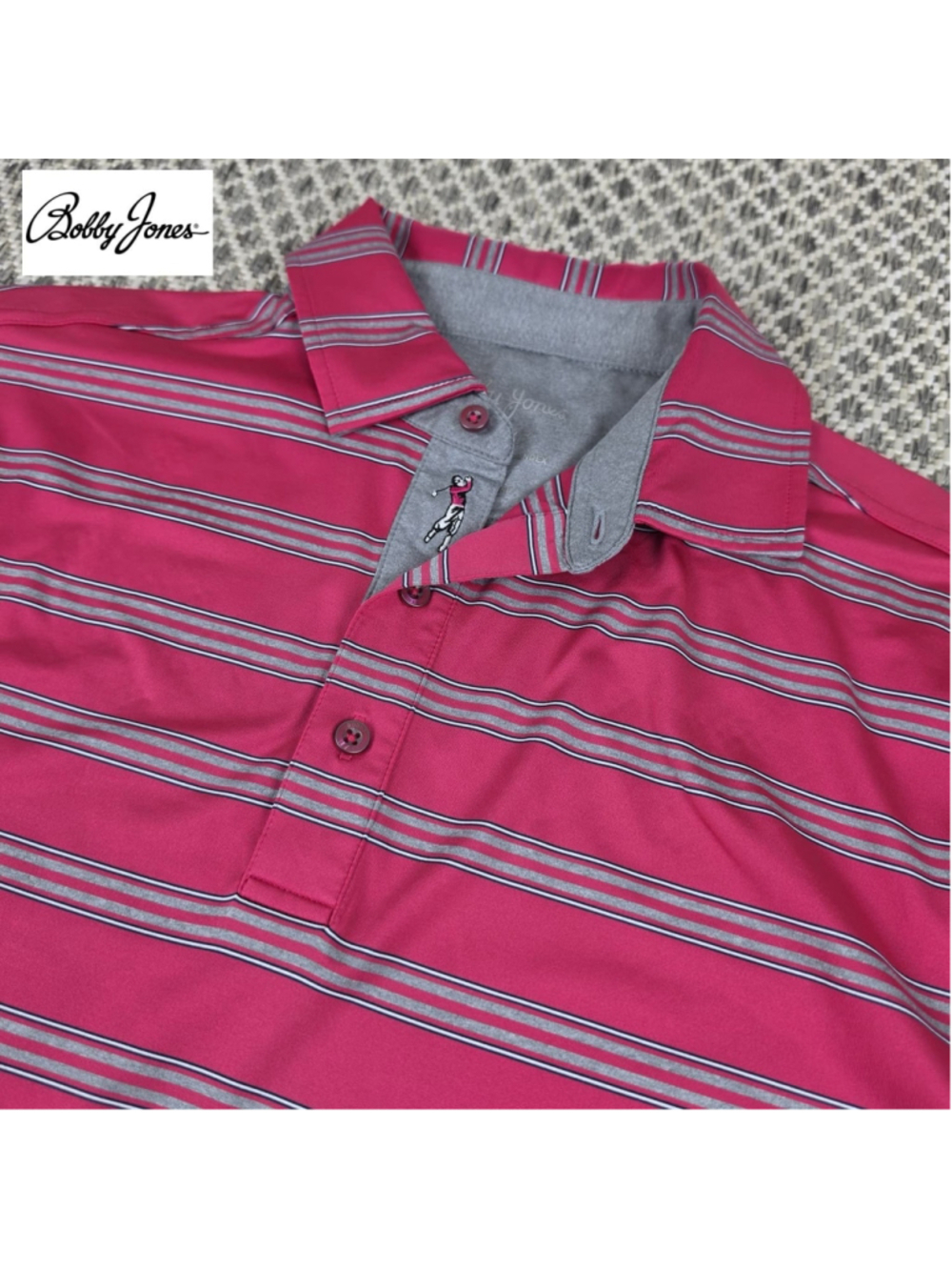 Bobby Jones XH20 Golf Polo Shirt Men Medium Pink Gray Striped Stretch Golf